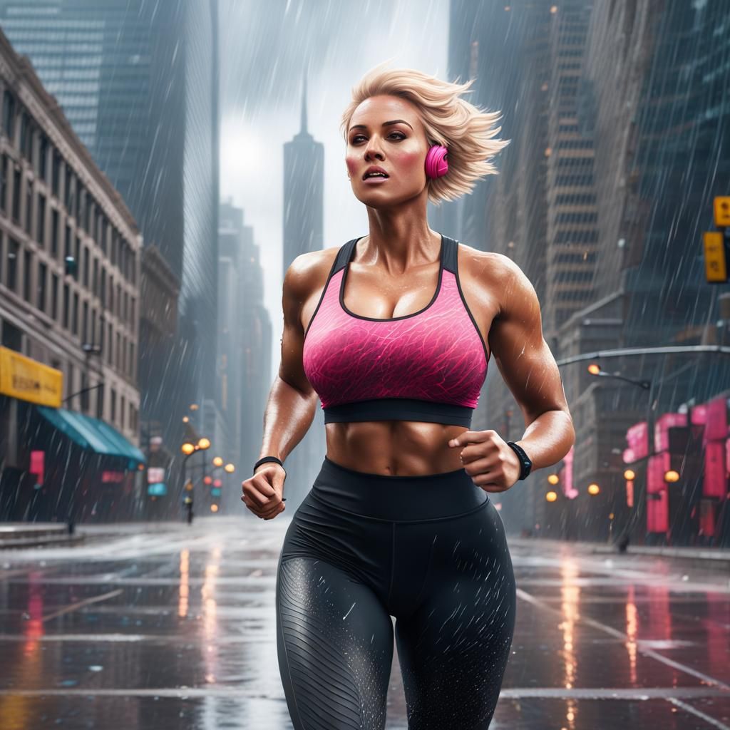 Woman Jogging in Rainy Chicago: Detailed Matte Painting