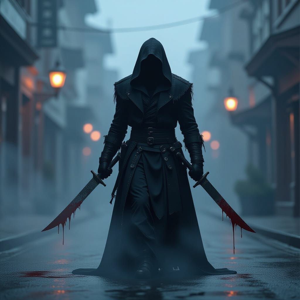 Dark Figure with Knives on Foggy Street