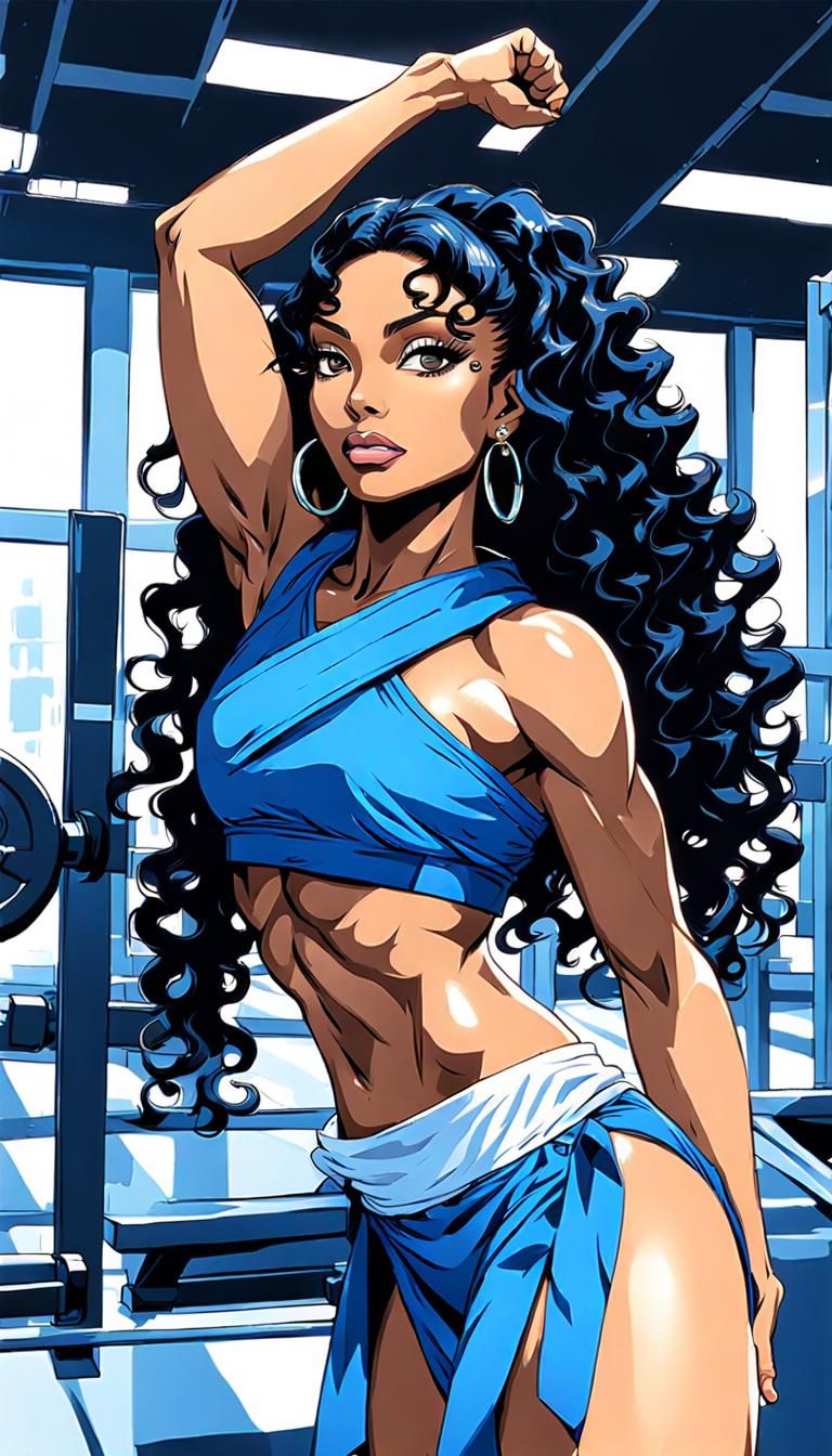 Anime Portrait of a Muscular Woman in Blue Toga