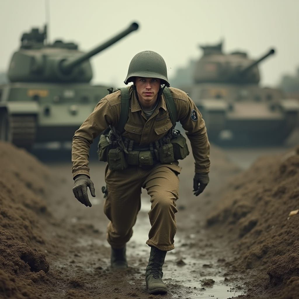 Wartime Soldier Sprinting Through Muddy Battlefield