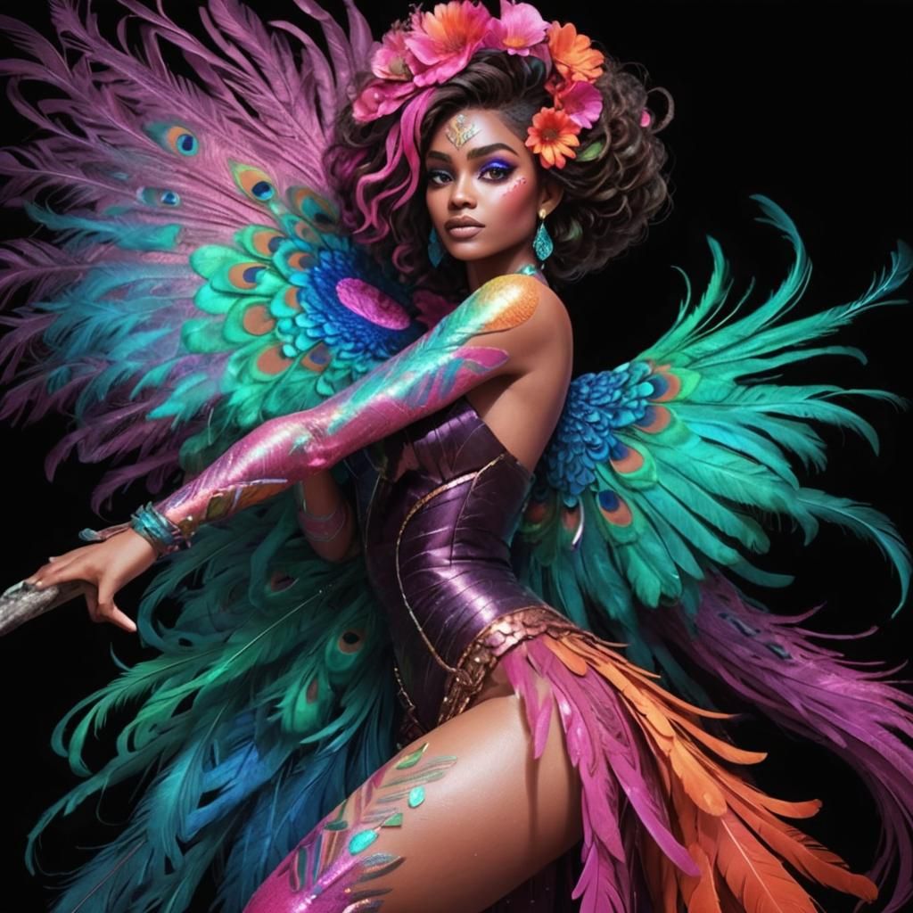 Rainbow Woman with Peacock Feathers in Pixar Style