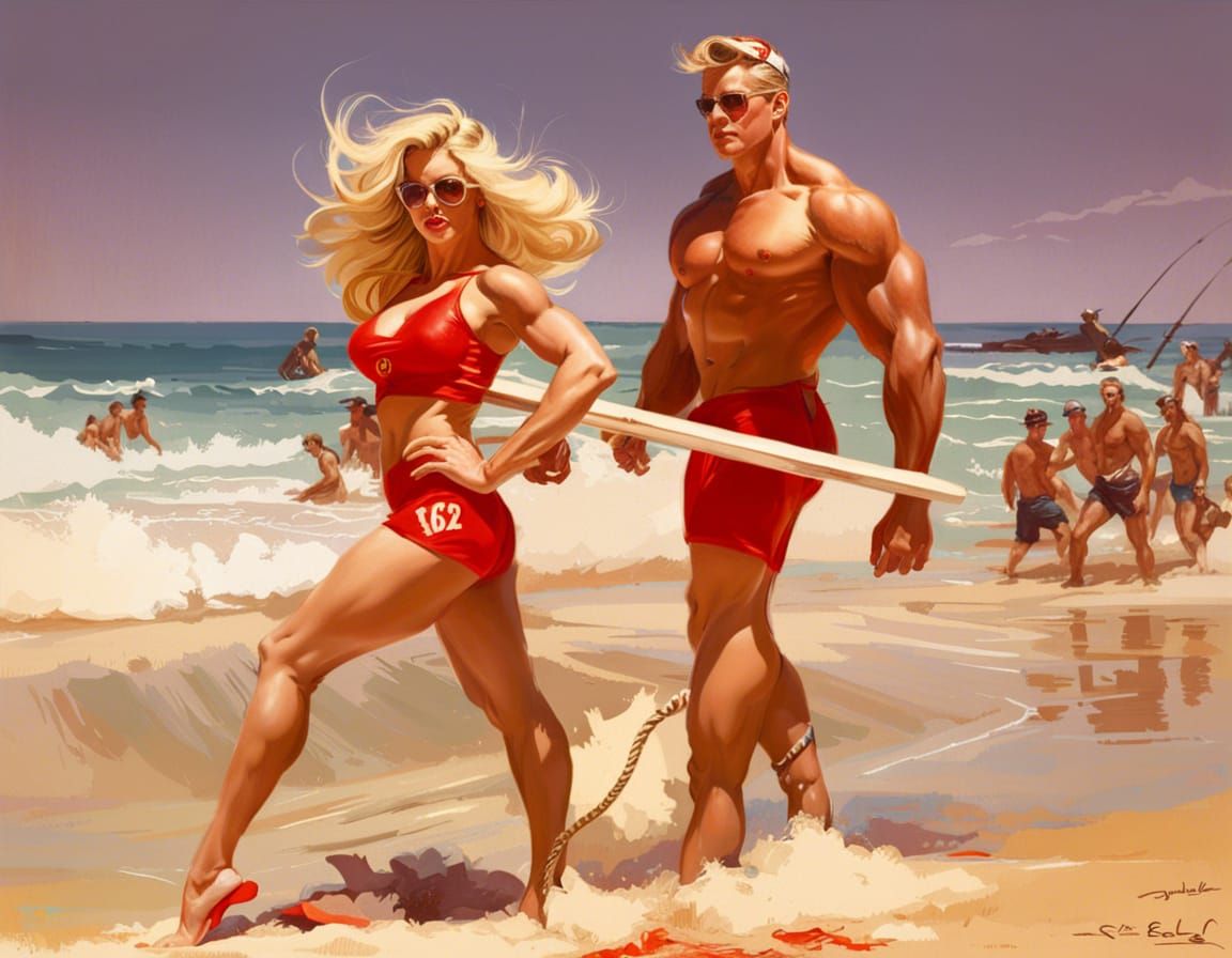 Blonde Pinup Lifeguard in Hyperrealistic Style