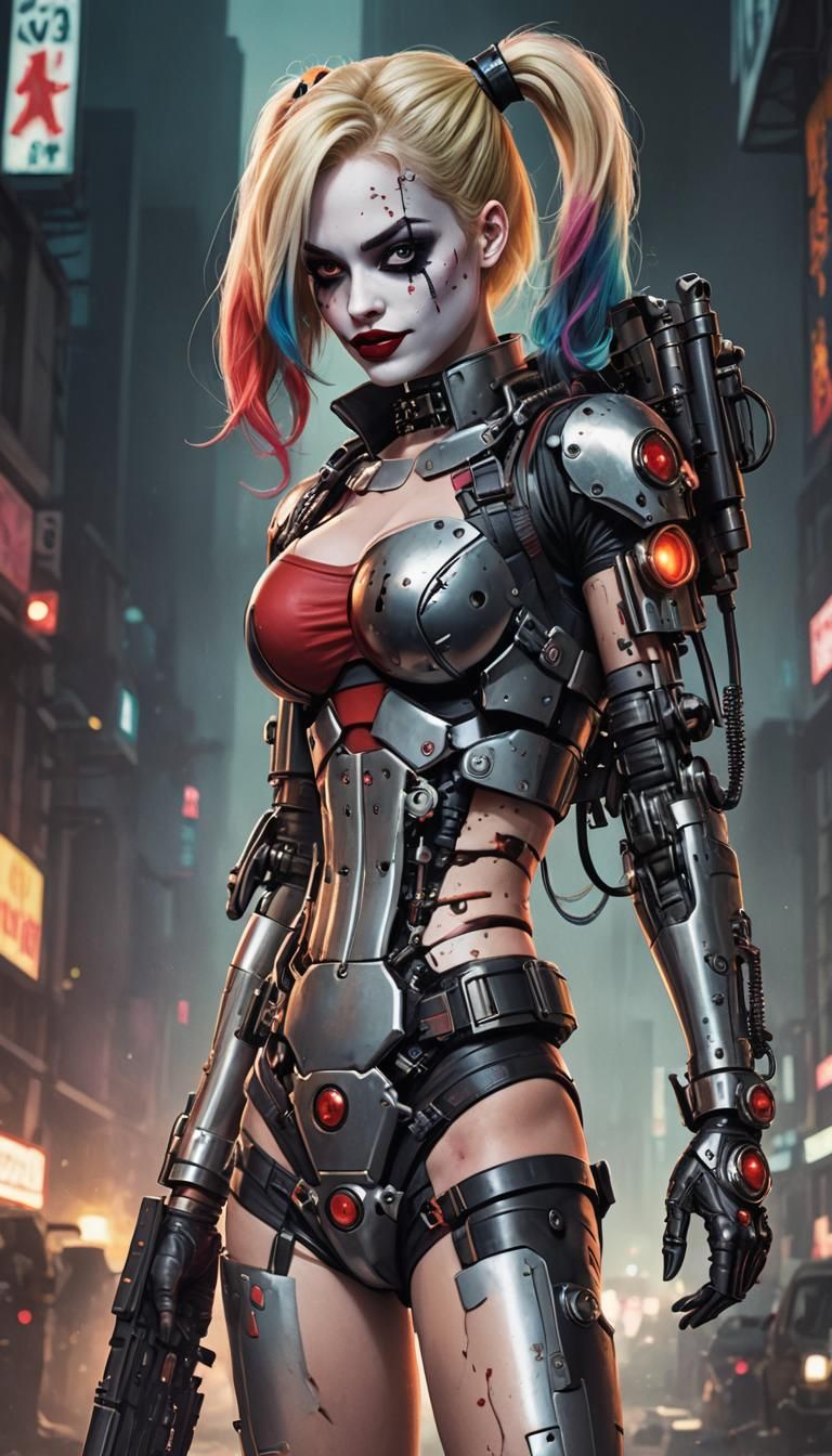 Harley Quinn as a Cyberpunk Terminator Cyborg