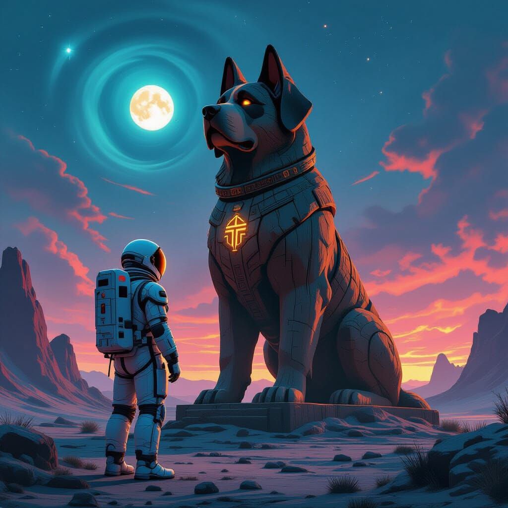 Astronaut and Giant Dog Statue on Alien Planet