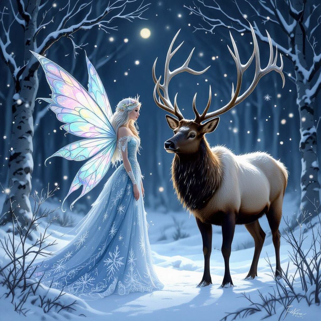 Winter Fairy Beside Majestic Elk in Moonlit Forest