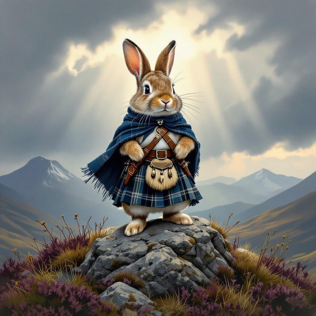 Scottish Rabbit in Tartan Kilt on Mountain Summit