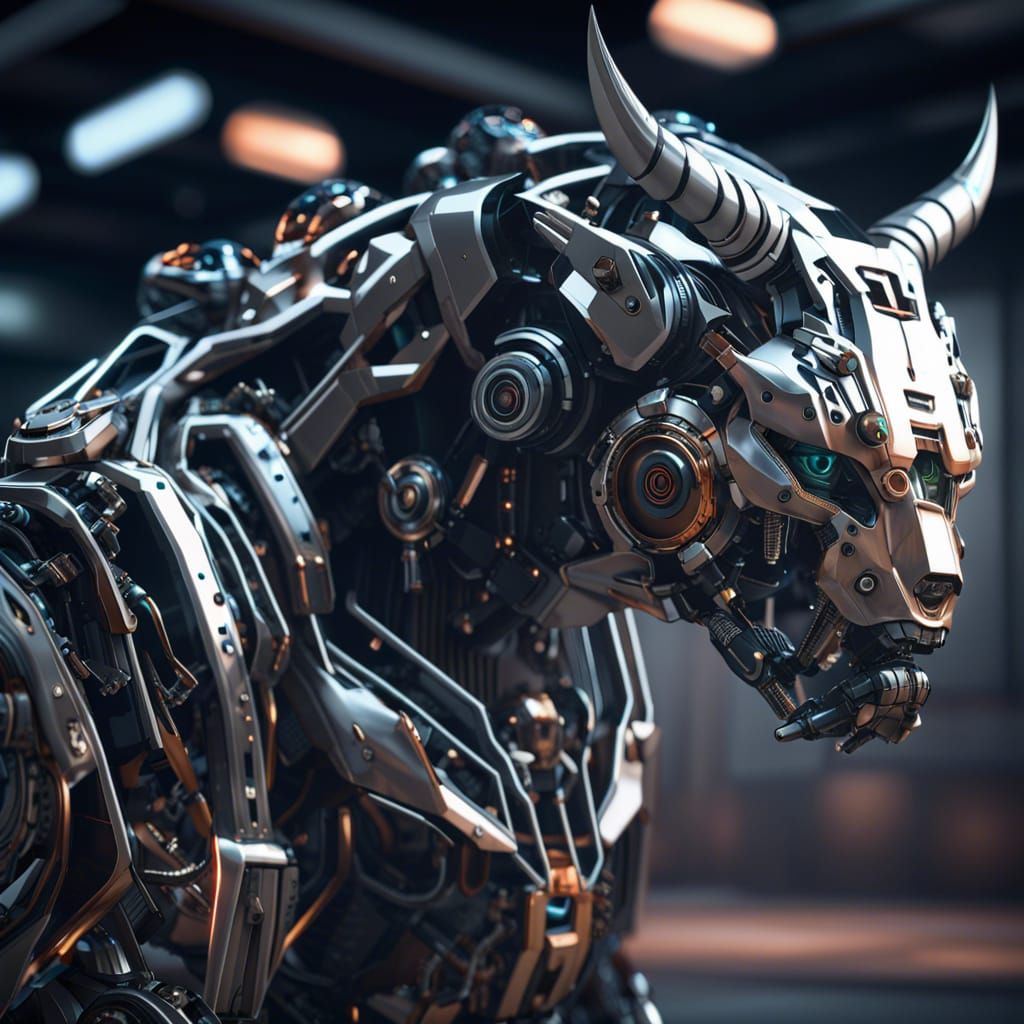Cybernetic Bull-Headed Robots in Detailed Sci-Fi Scene