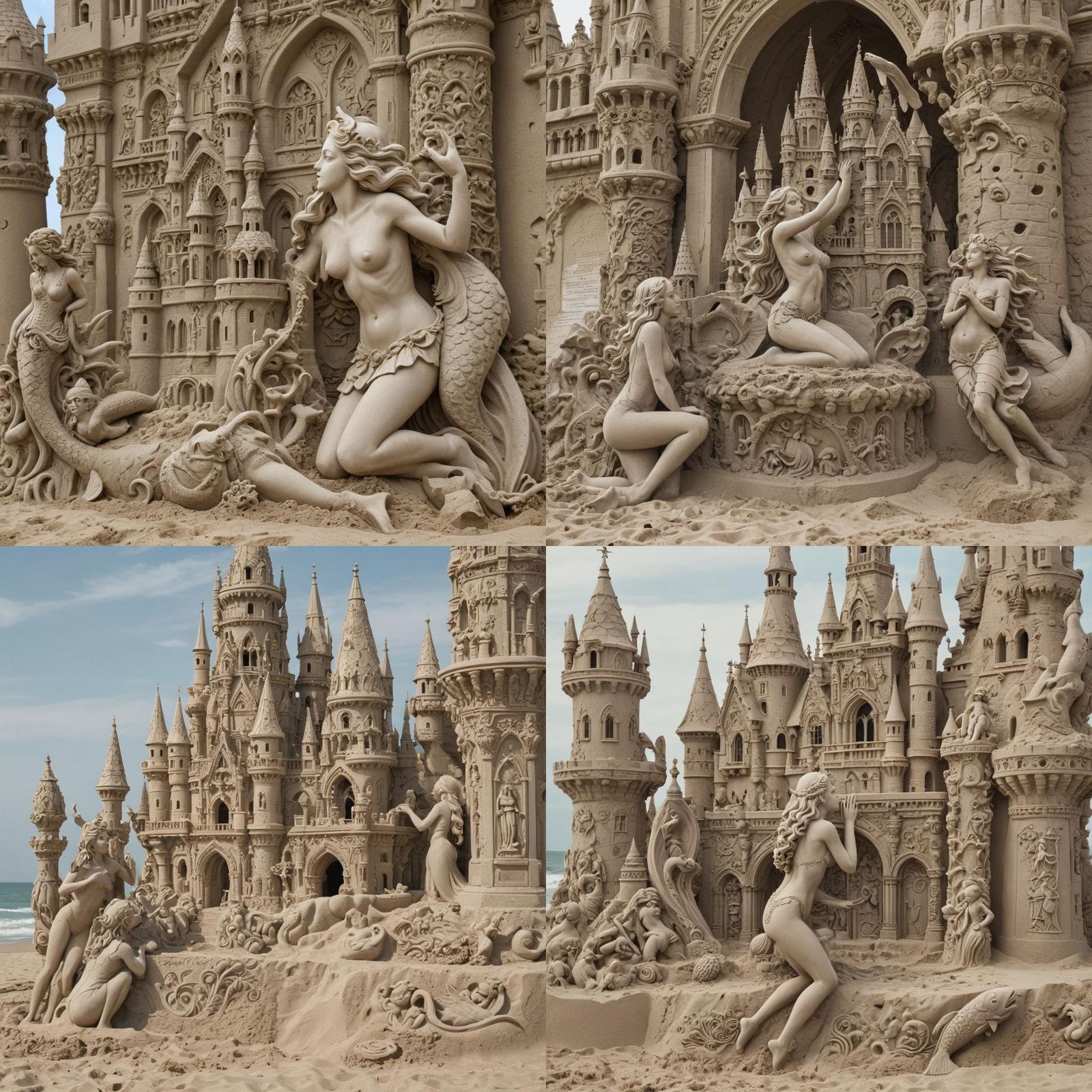 Gothic Sandcastle with Baroque Decorations and Mermaids