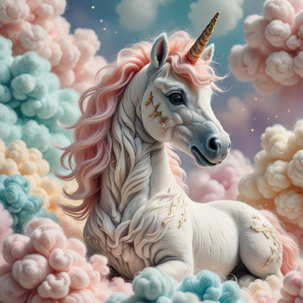 Felted Unicorn on Cotton Cloud in Pastel Colors