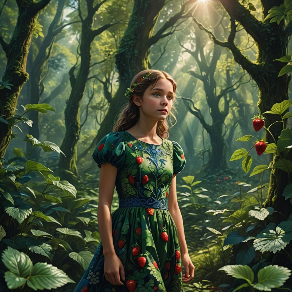 Strawberry Girl in Forest: Fantasy Concept Art