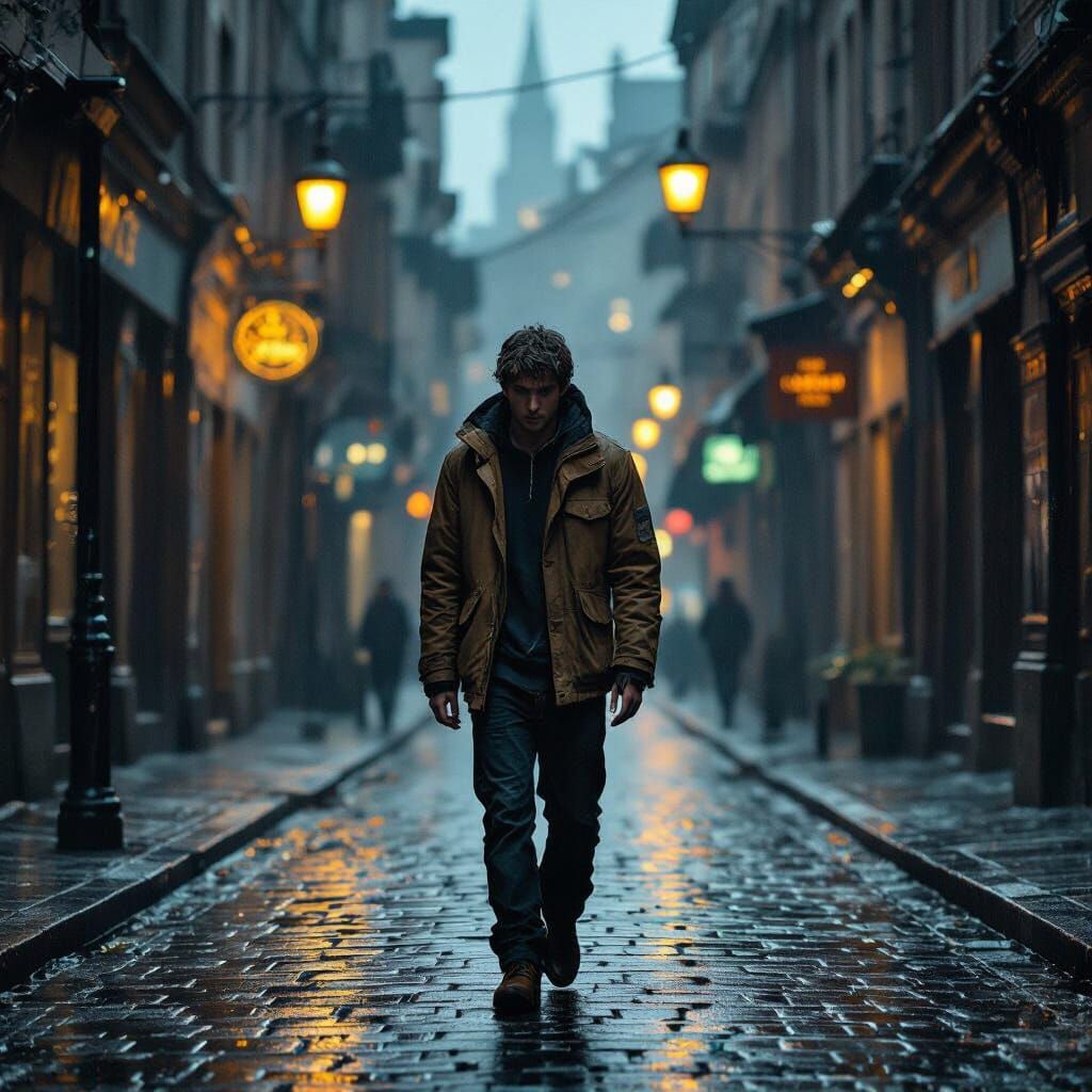 Man Walks Rainy City Streets in Eerie Dystopian Style