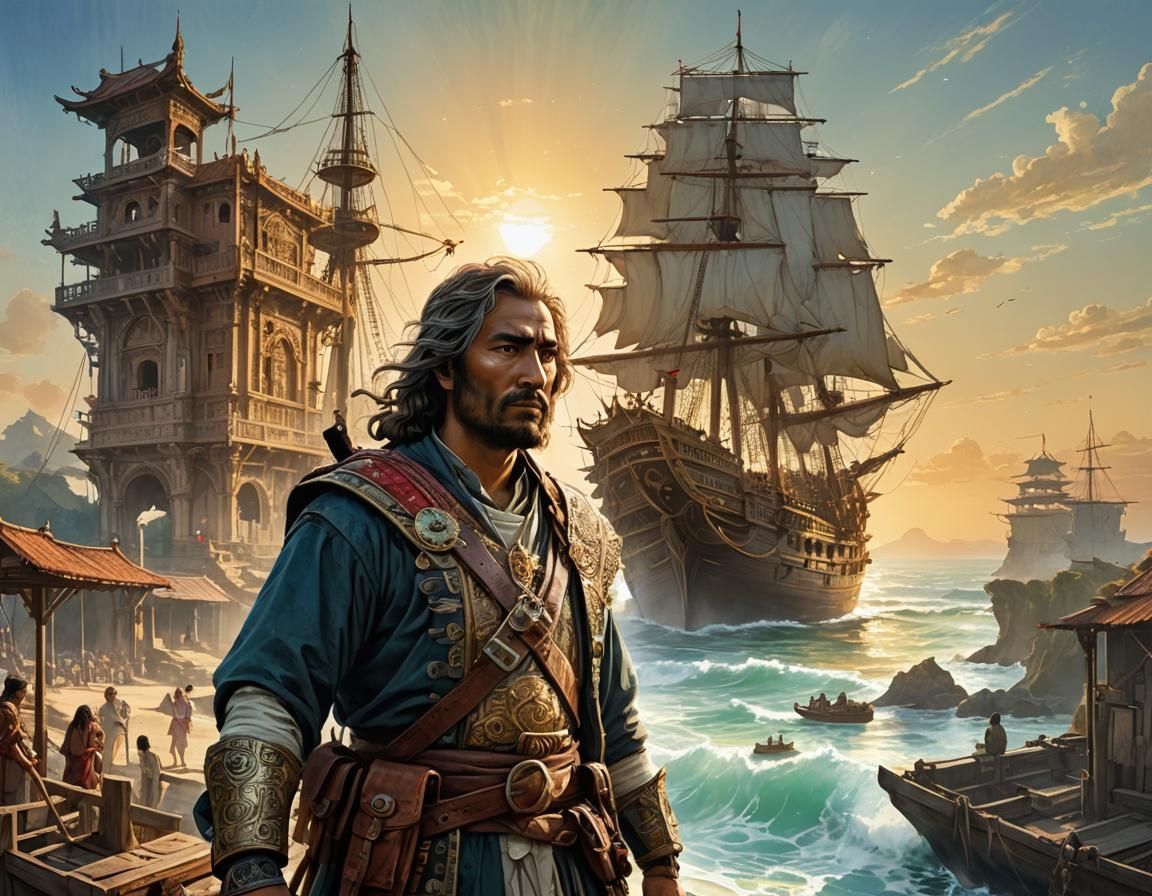 Columbus' Arrival: Indian Seashore Watercolor Illustration