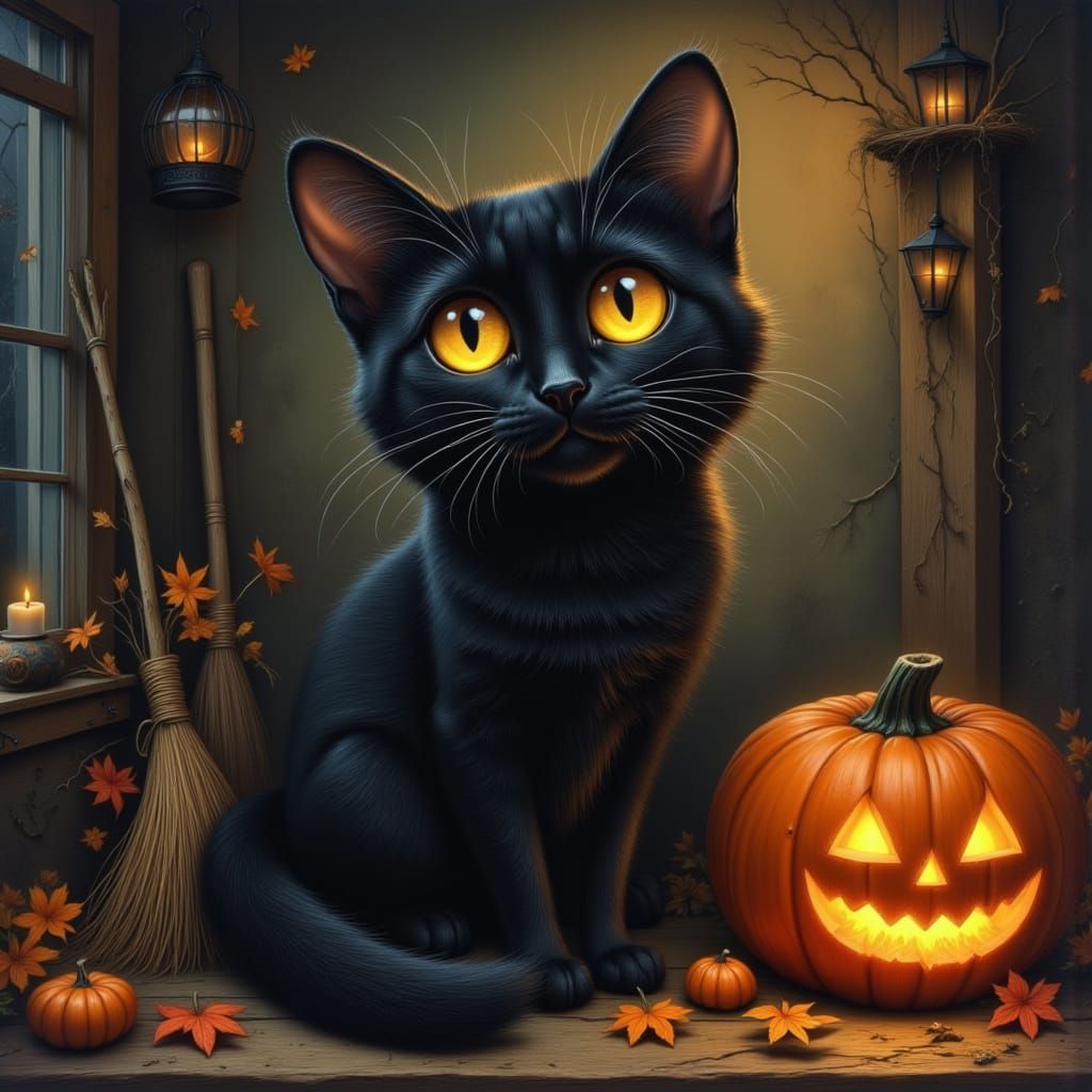 Cozy Halloween Still Life with Black Cat and Pumpkin