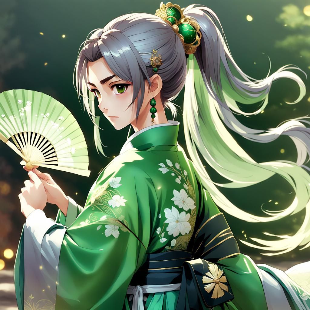 Man in Hanfu with Fan, Anime Style