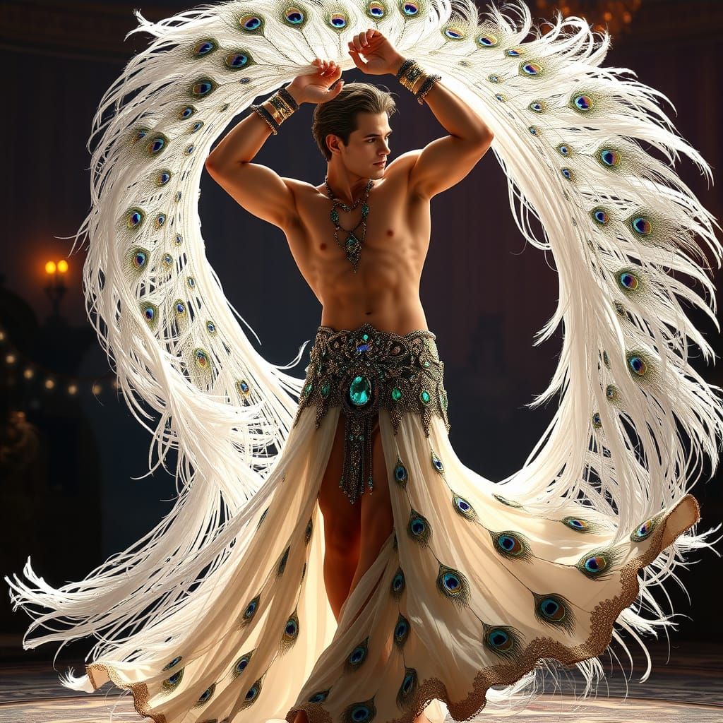 Dazzling Male Belly Dancer with Iridescent Peacock Feathers