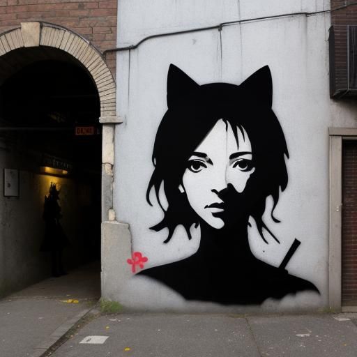 Urban Stencil Art Mural: Girl and Cat