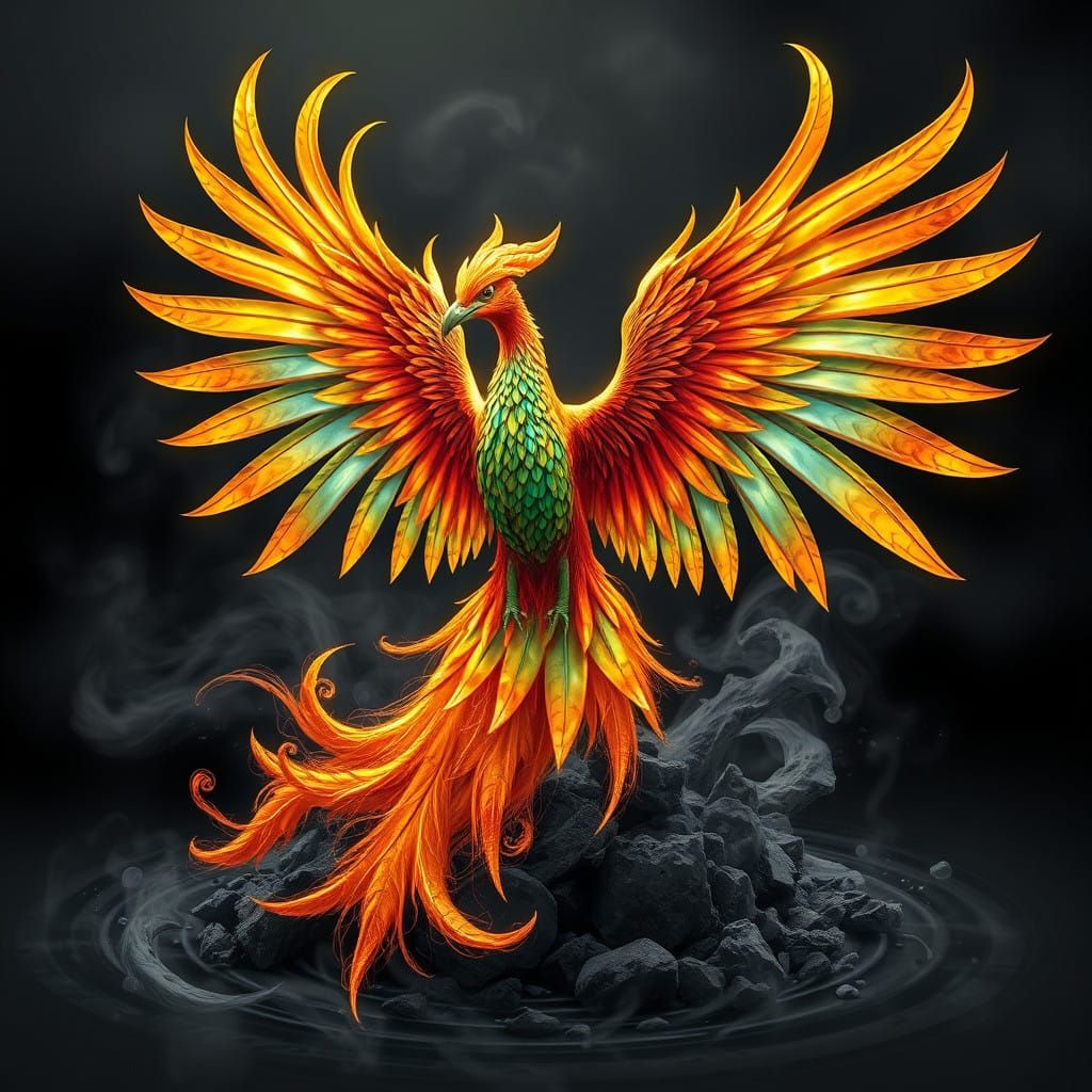 Vibrant Phoenix Emerges from Charcoal Ashes in a Kaleidoscop...