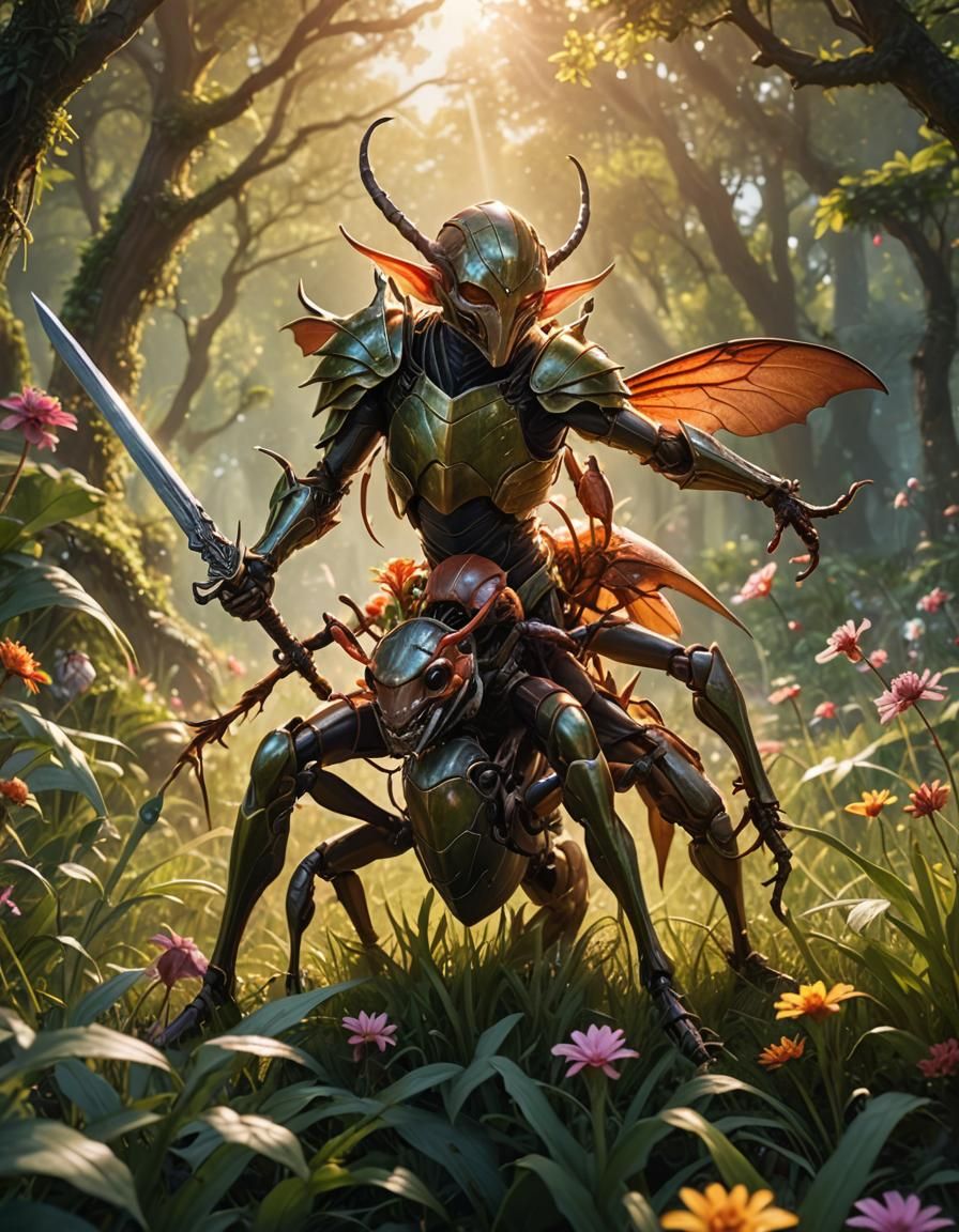 Elf Warrior Rides Giant Ant in Enchanted Forest