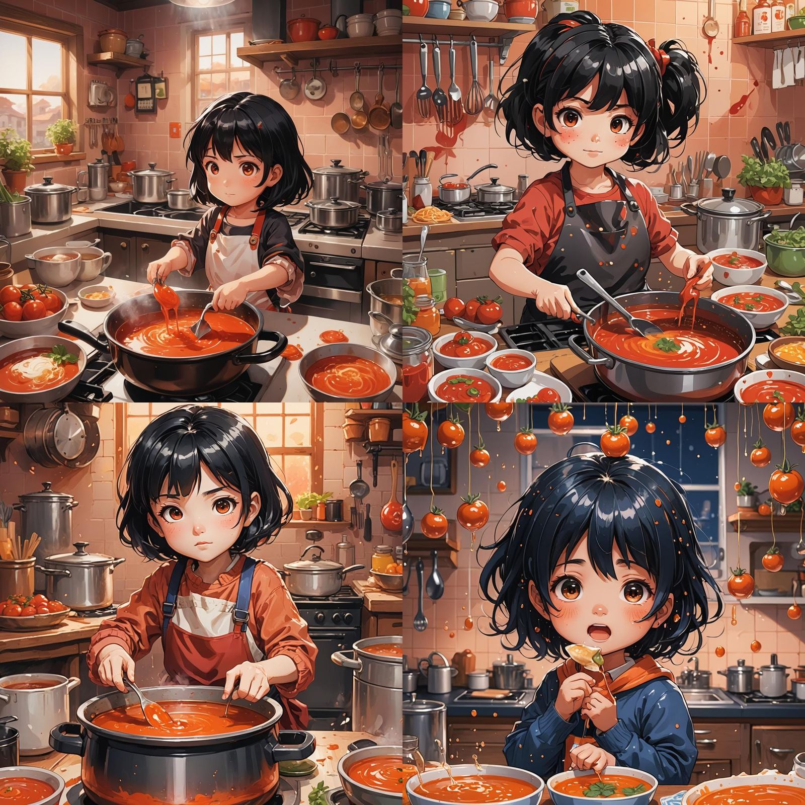 Colorful Cartoon Girl Cooks Up Tomato Soup in Anime Style