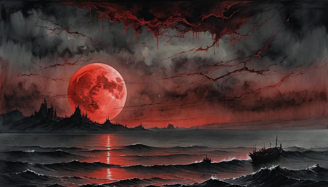 Blood Moon Gleams Over Sinister Ocean: Dark Watercolor