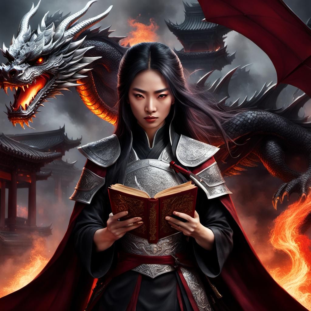 Warrior Woman with Sword in Burning City