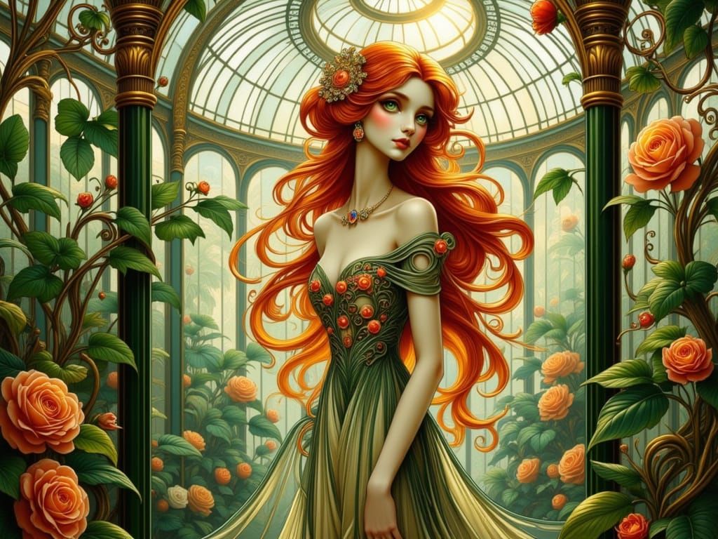 Art Nouveau Woman in Greenhouse with Flowing Hair