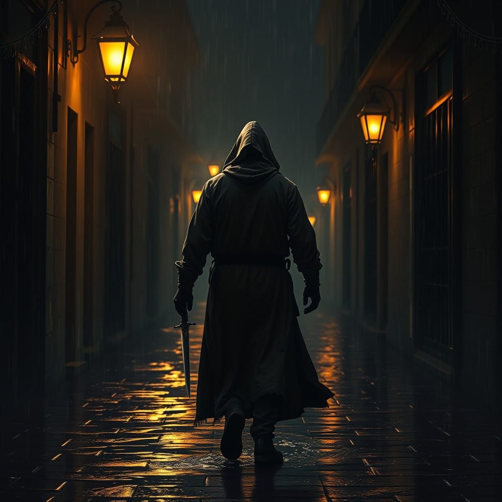 Figure Walks Away into Dark Alley Illuminated by Vintage Gas...