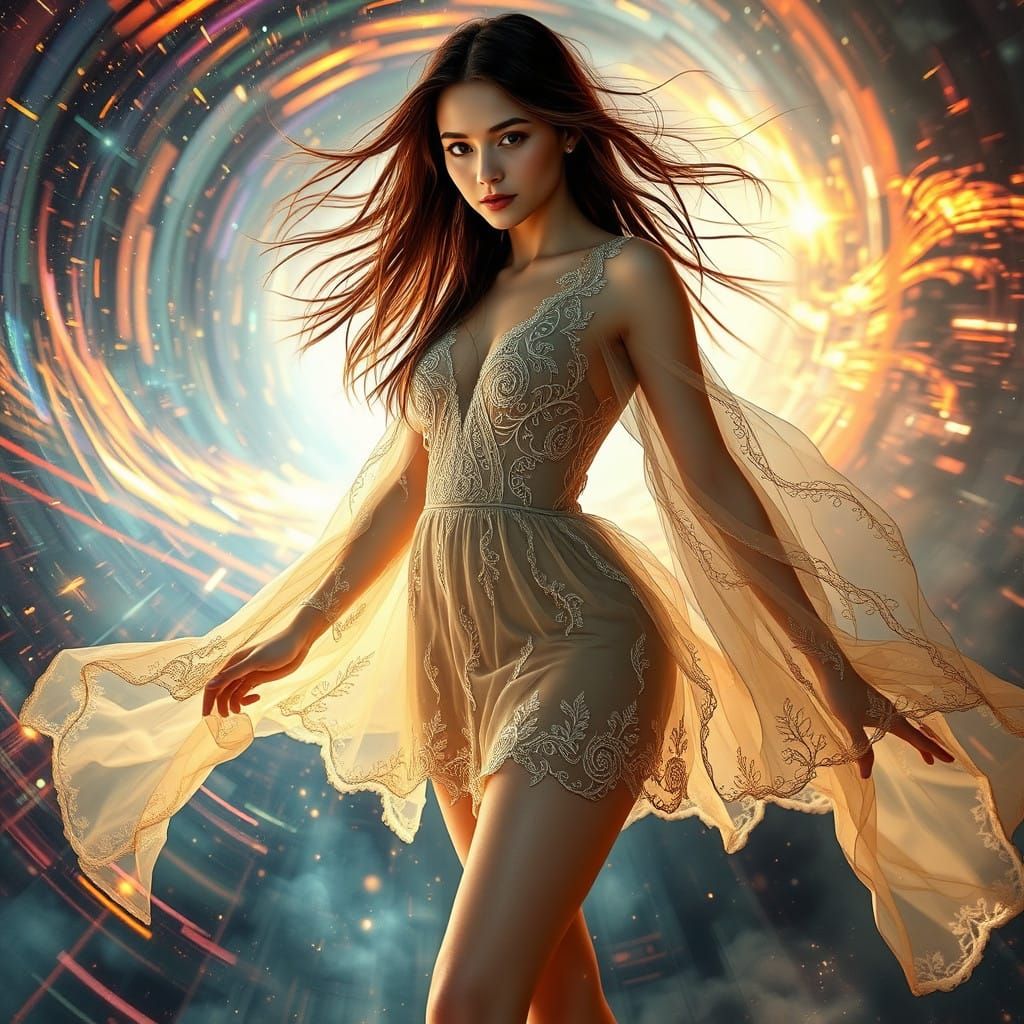 Ethereal Time Traveler in Futuristic Dreamworld