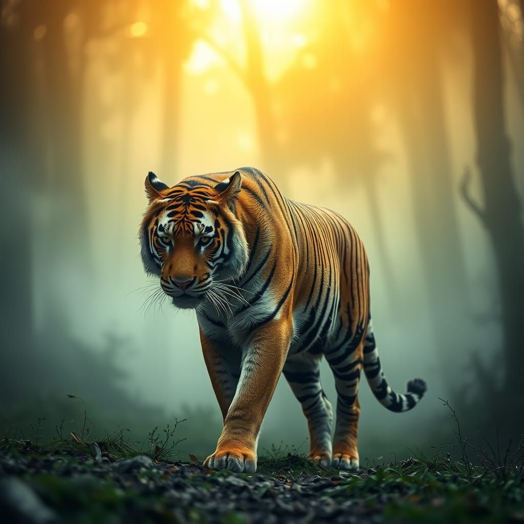 Majestic Golden Tiger in Mystical Forest