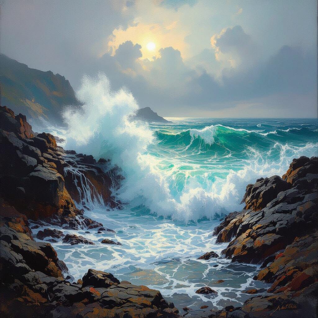 Dramatic Coastal Scene in 19th Century Painting Style