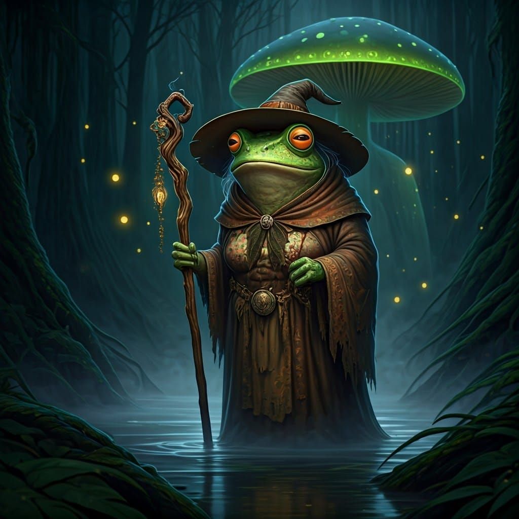 Mystical Frog Witch in Swamp, Beksiński Style