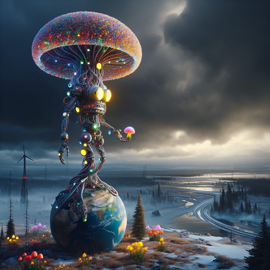 Towering Alien Robot in Winter Storm