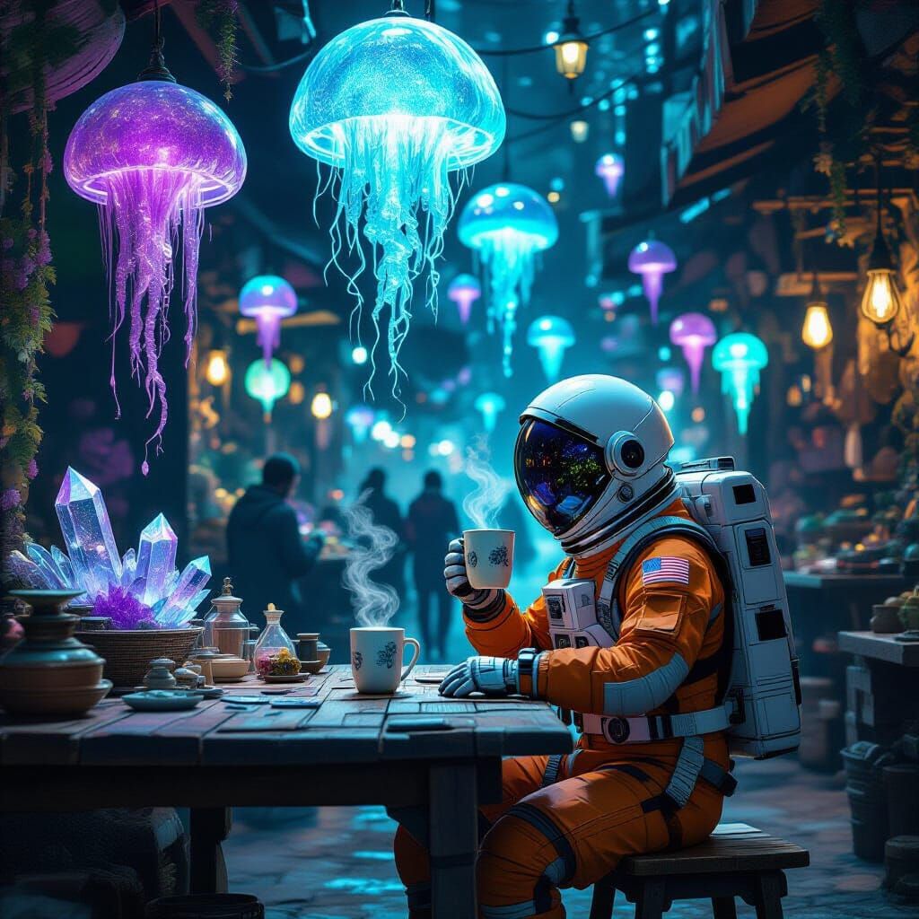 Astronaut in Alien Marketplace Sipping Glowing Mug