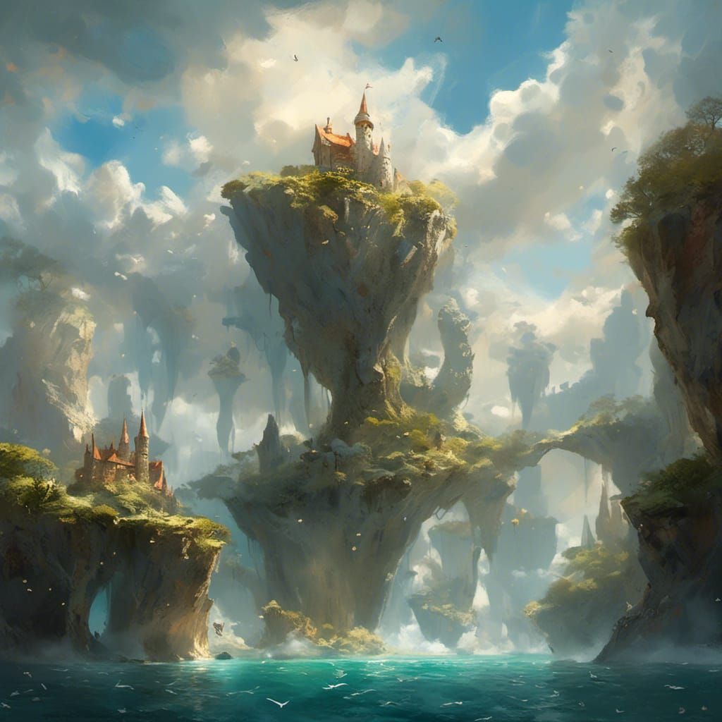 Enchanted Island Floating Among Clouds with Dragons