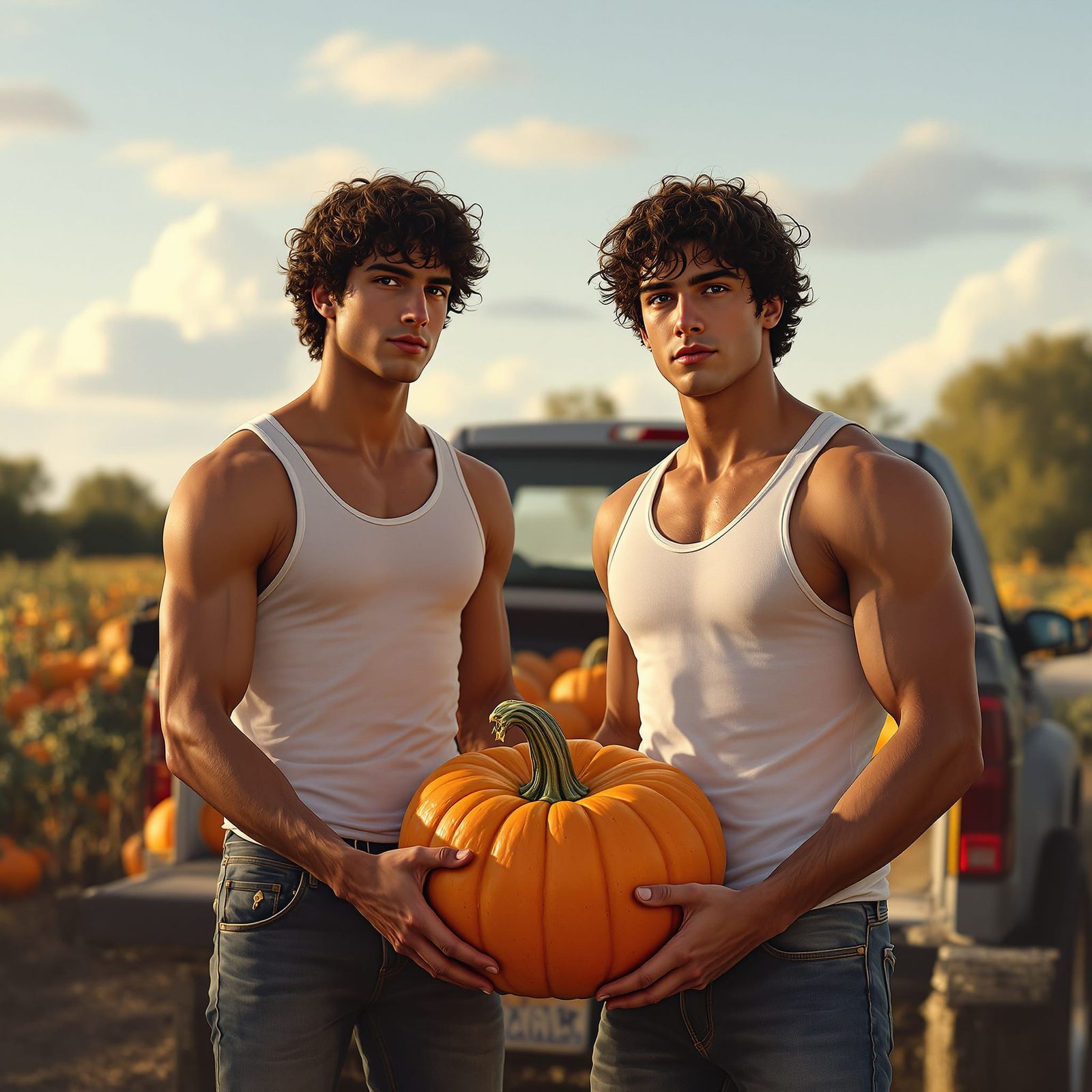 Muscular Italian Twins Carry Pumpkins at Golden Hour
