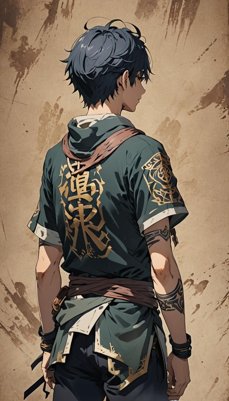 Anime Boy with Ancient Mark, Cel-Shaded Style