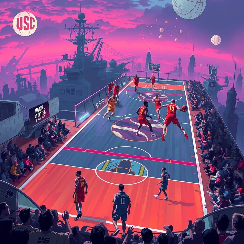 Neon Basketball on Futuristic Aircraft Carrier Court