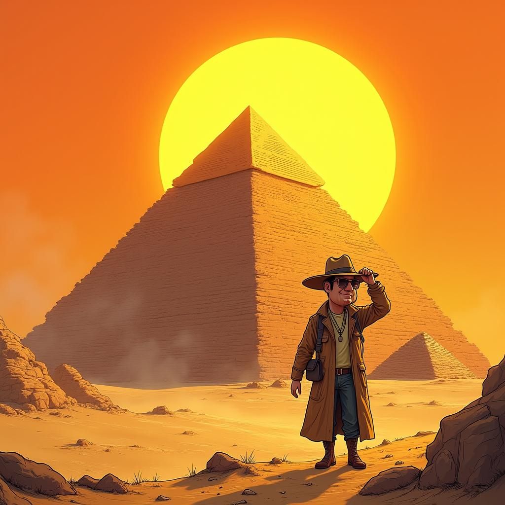Cartoon Explorer and Colossal Pyramid in Desert Sun