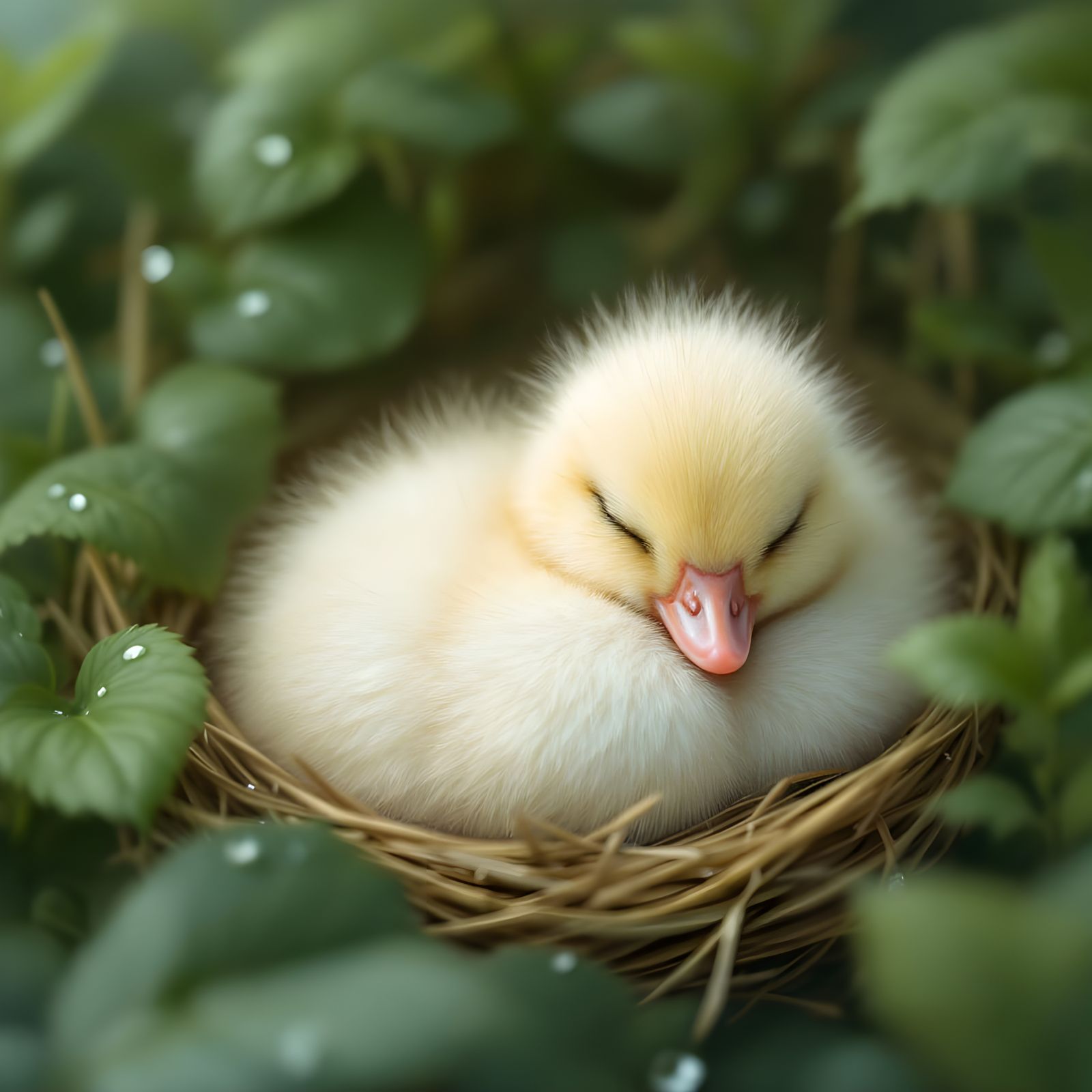 Serenity in a Hay Nest: Fluffy Duckling in Dreamlike Slumber