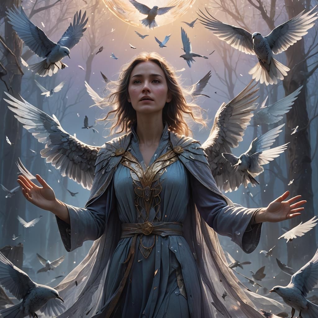 Winged Woman Beside Shattered Mirror in Fantasy Art
