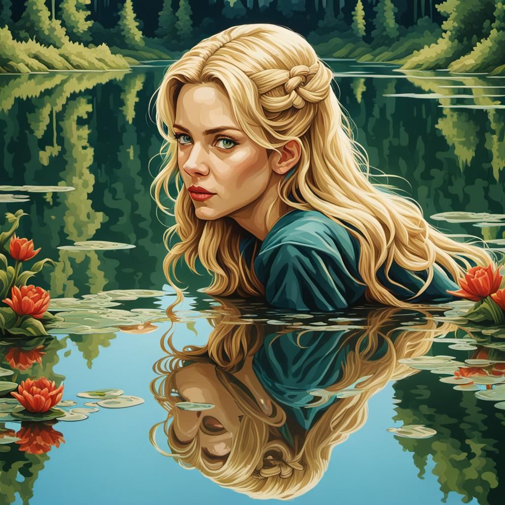 Blonde Narcissa Reflects in Pixel Art Water
