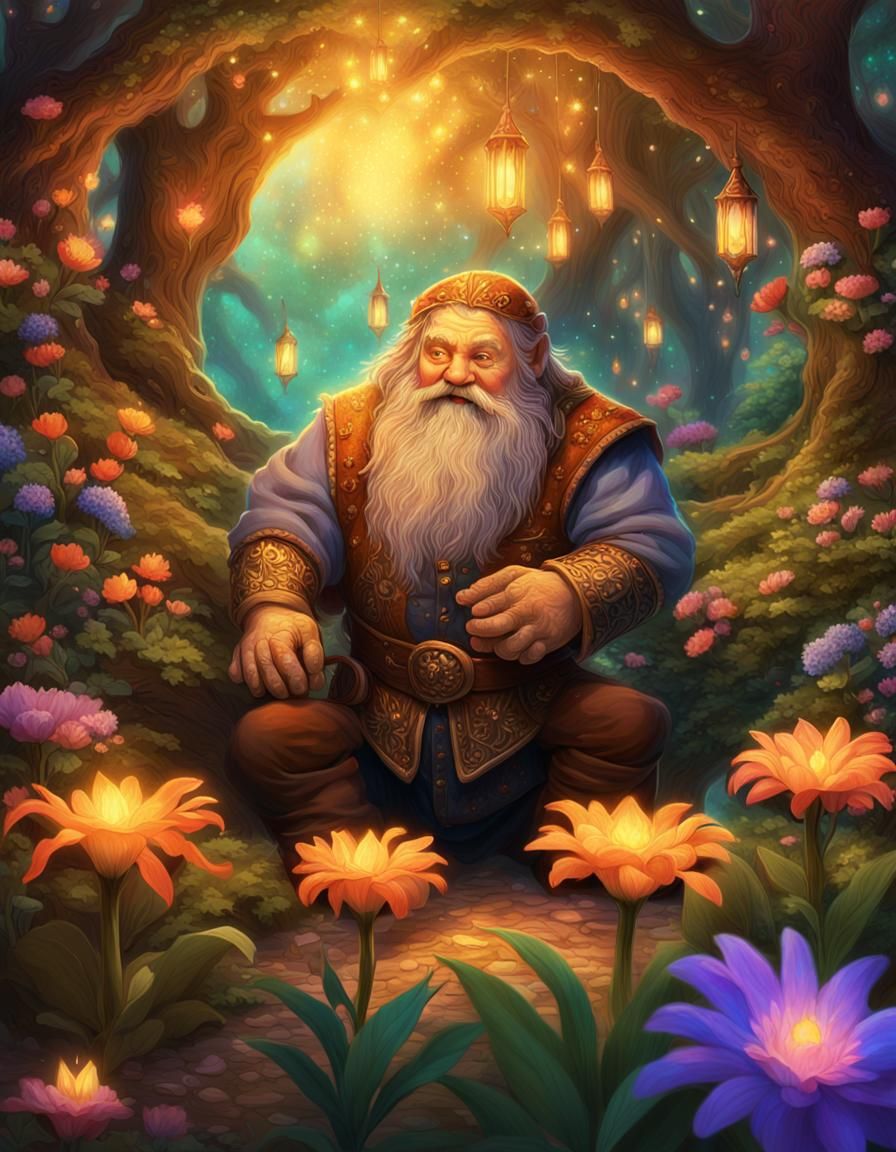Dwarf in Mystical Garden with Magic Sparks