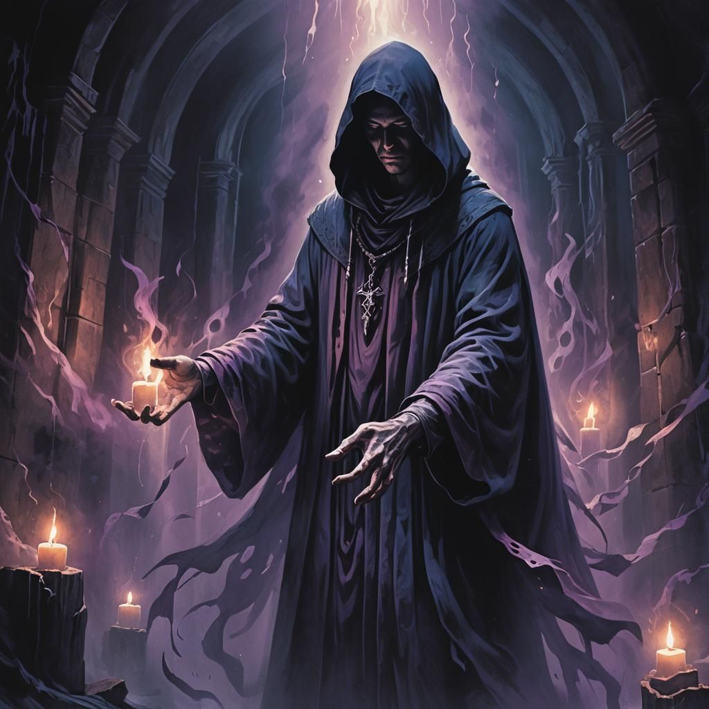 Eerie Necromancer Summons Spirit in Dark Fantasy Illustratio...