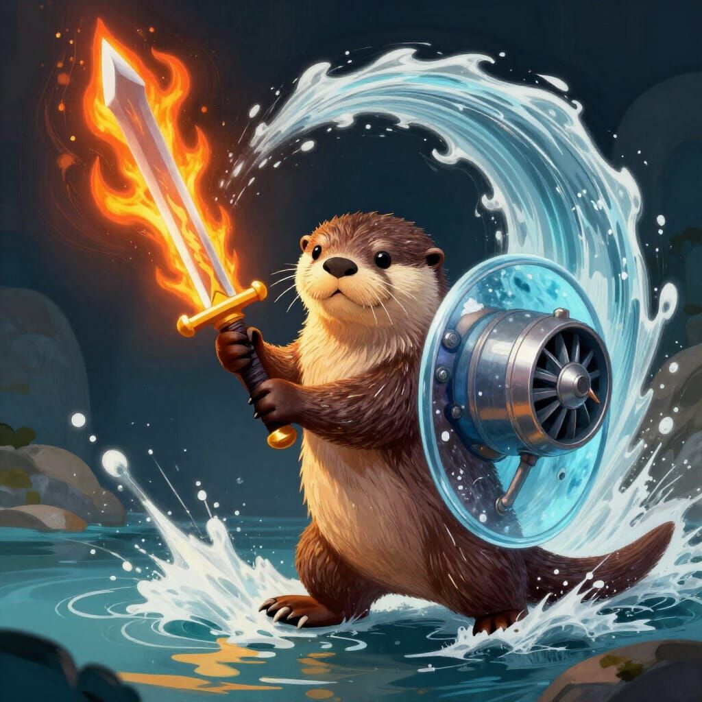 Fantasy Otter Warrior with Flaming Sword and Jet Shield