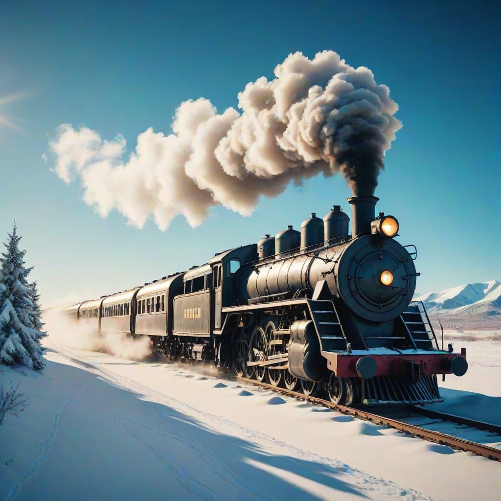 Vintage Train in Snowy Tundra Landscape