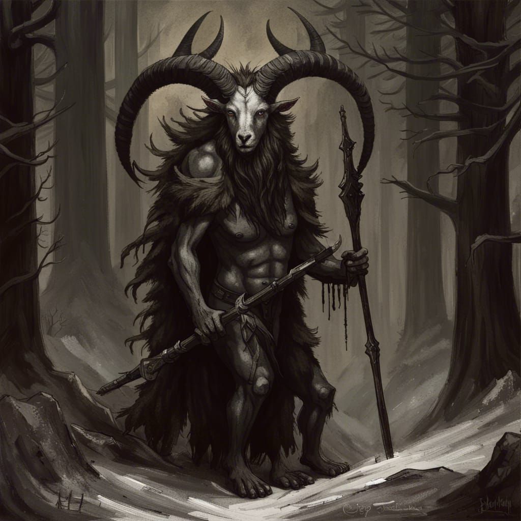 Gothic Dark Fantasy Satyr in Black Spruce Forest