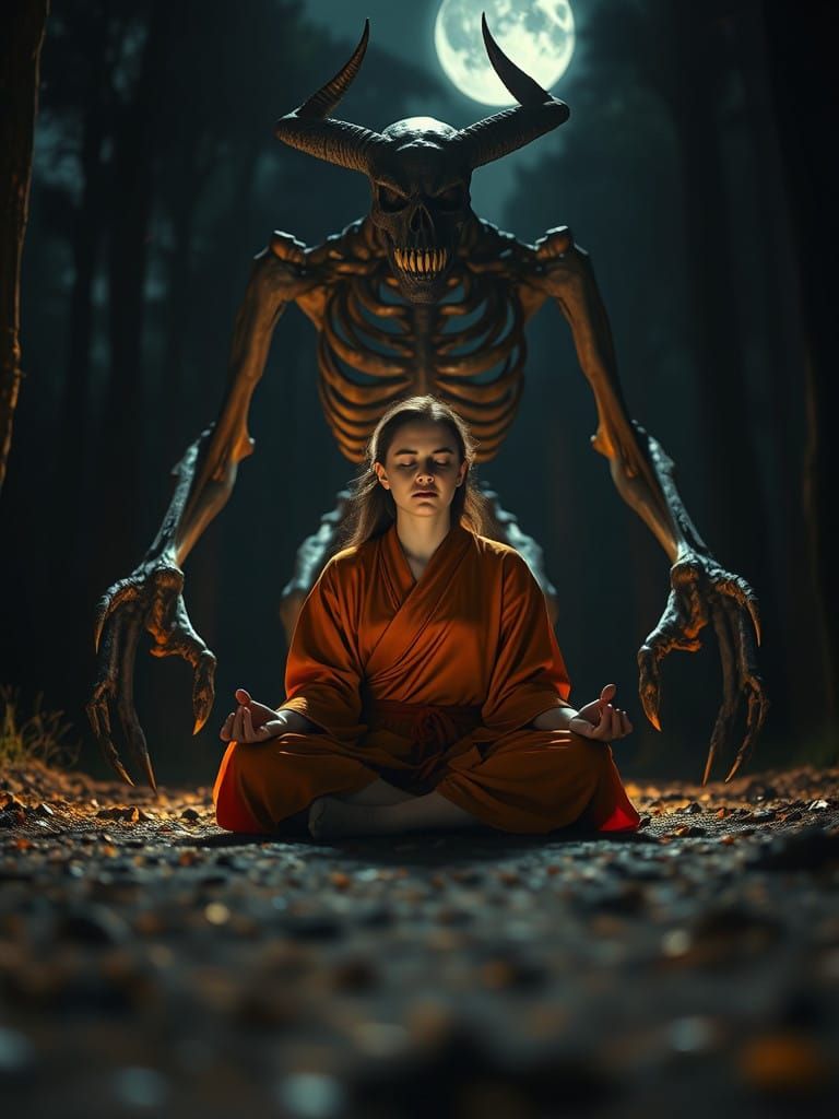 Calm Female Figure Surrounded by Dark, Horror-Inspired Fores...