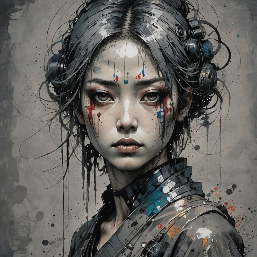 Cyberpunk Japanese Woman Portrait with Watercolor Effects