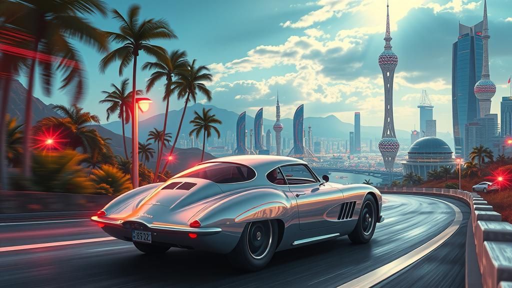 Retro Car in Cyberpunk City, Miyazaki Style