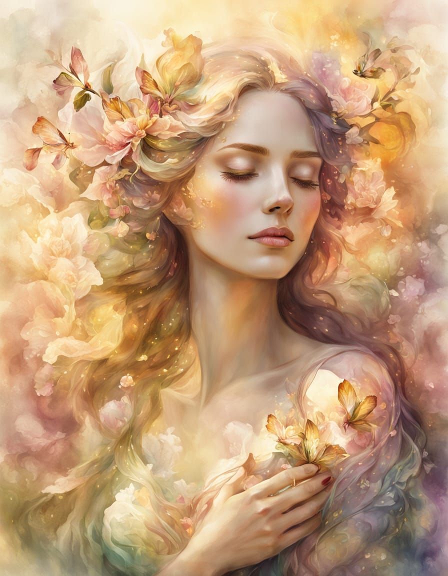 Nymph Holding Heart in Dreamy Watercolor Style